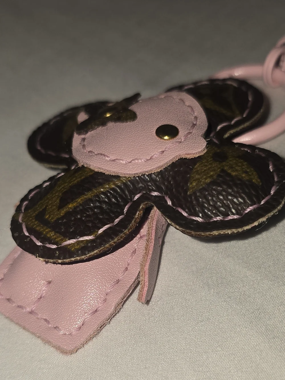 NWOT Upcycled Designer Monogram Puffed Flower Bag Charm Pink Keychain Custom